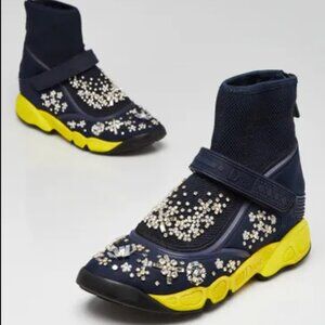 Dior Navy and Yellow Technical Fabric Embellished High Top Sneakers EU 39